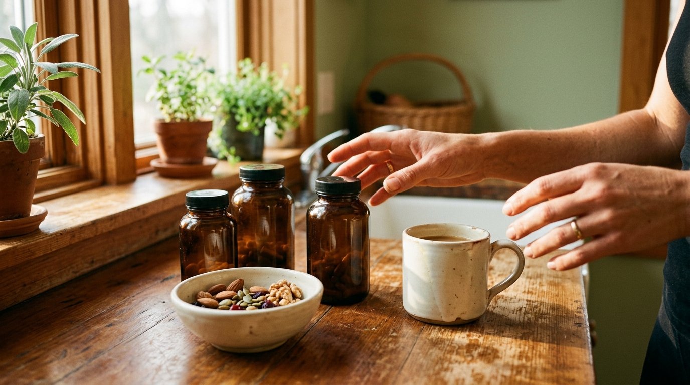 Amber supplement bottles and whole foods on a sunlit wooden counter