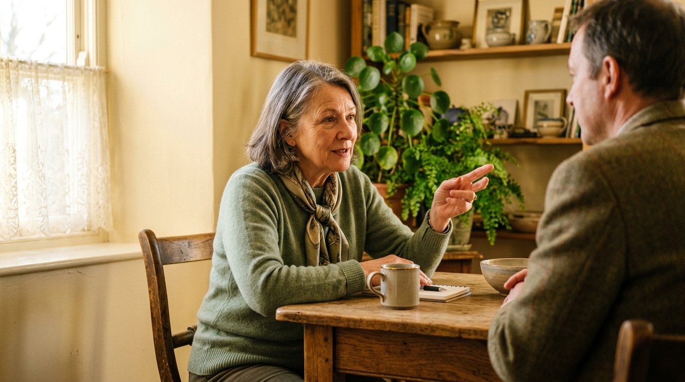 A woman listening intently across a table in warm light