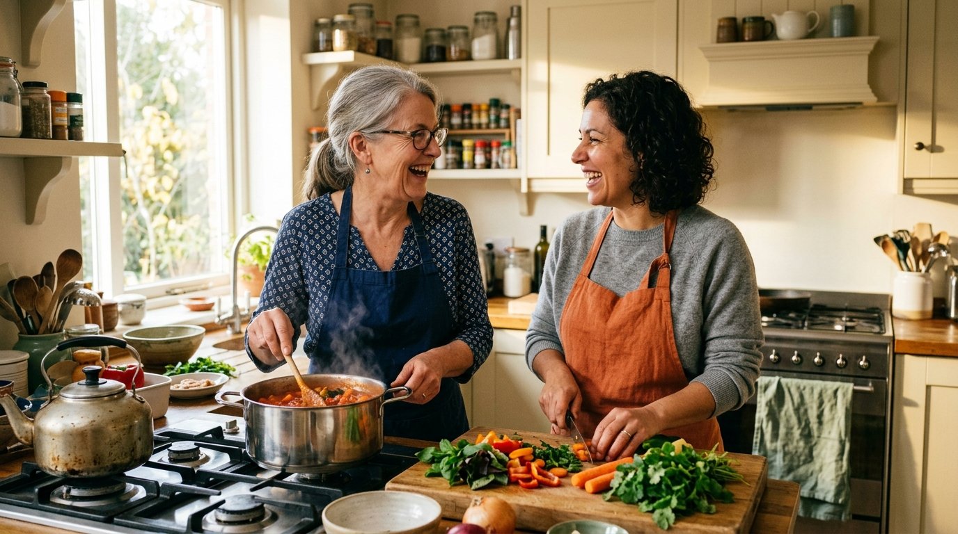 Two women laughing together while cooking a pot of stew and chopping vegetables in a sunny kitchen