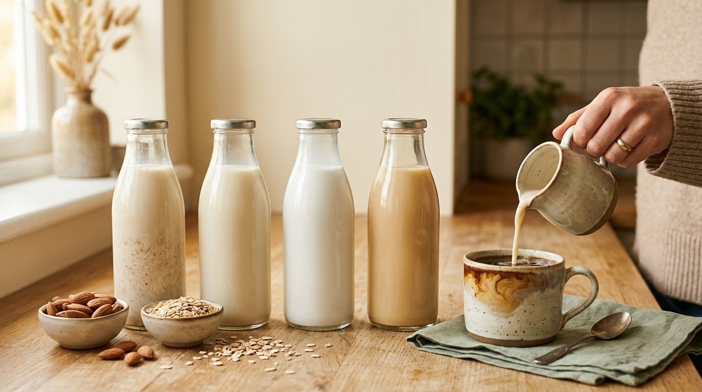 Four glass bottles of plant milks on a wooden counter beside almonds, oats and a cup of coffee