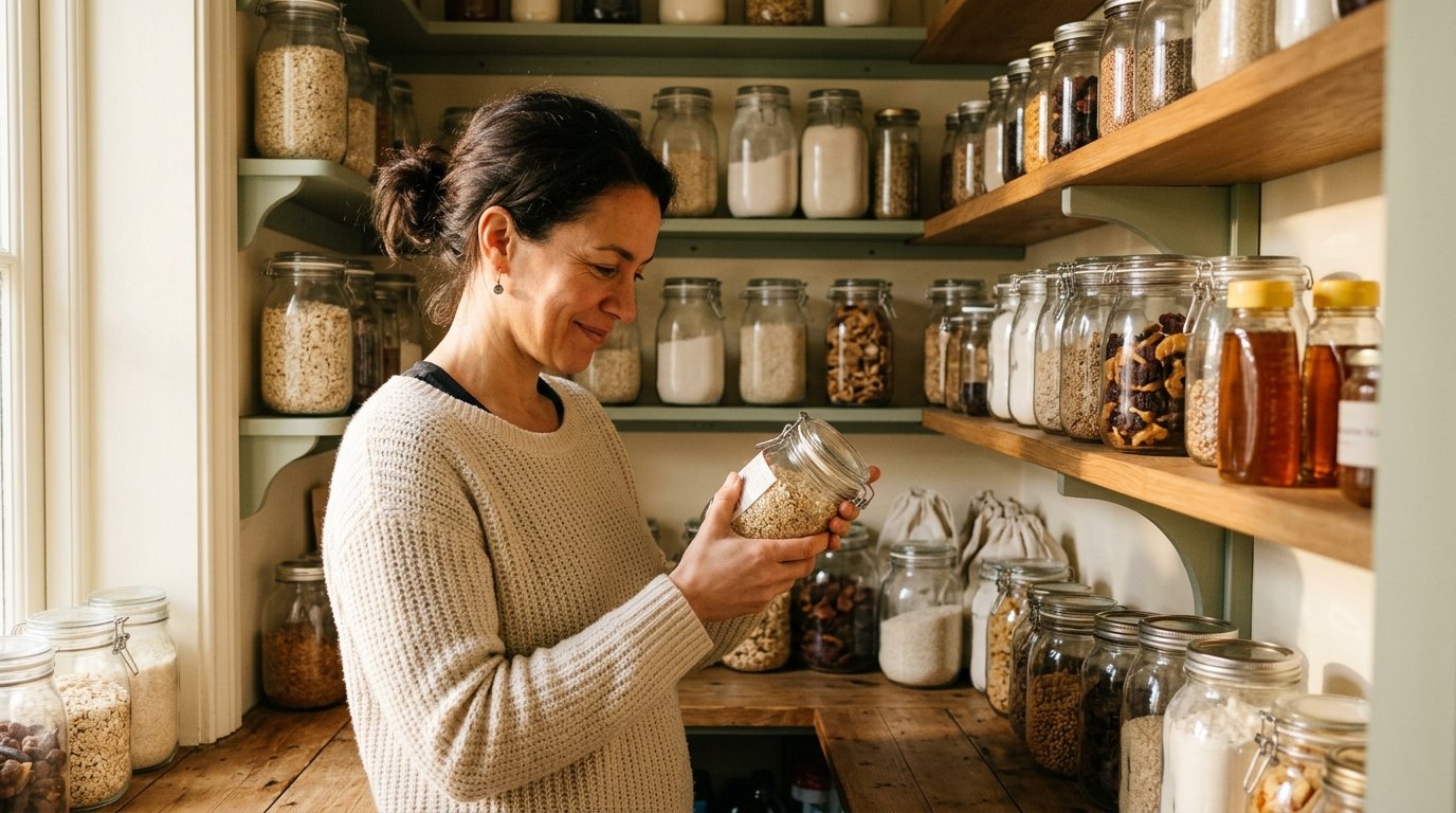 A woman smiling as she reads the label on a glass jar in a pantry lined with jars of grains and honey